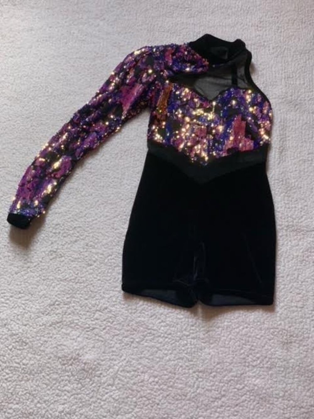 Black one-piece dance costume with holographic sequence